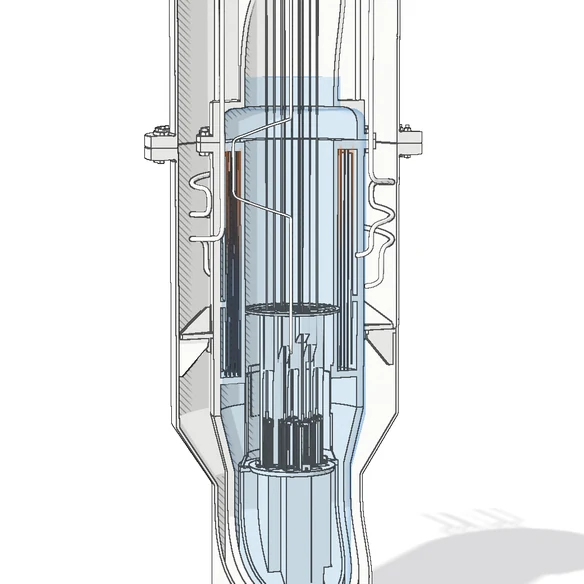 Technical drawing of the Halo reactor, cut open to show the core, the steam generator and the pressure vessel